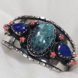 Tibetan Silver Turquoise, Coral & Blue Lapis Bracelet, Very Well Made